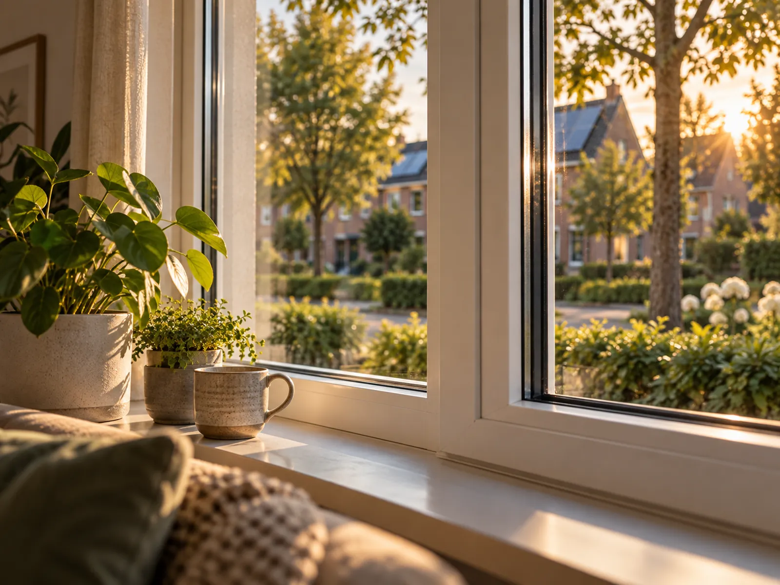 Vensterbank met dubbel glas en uitzicht op een woonwijk