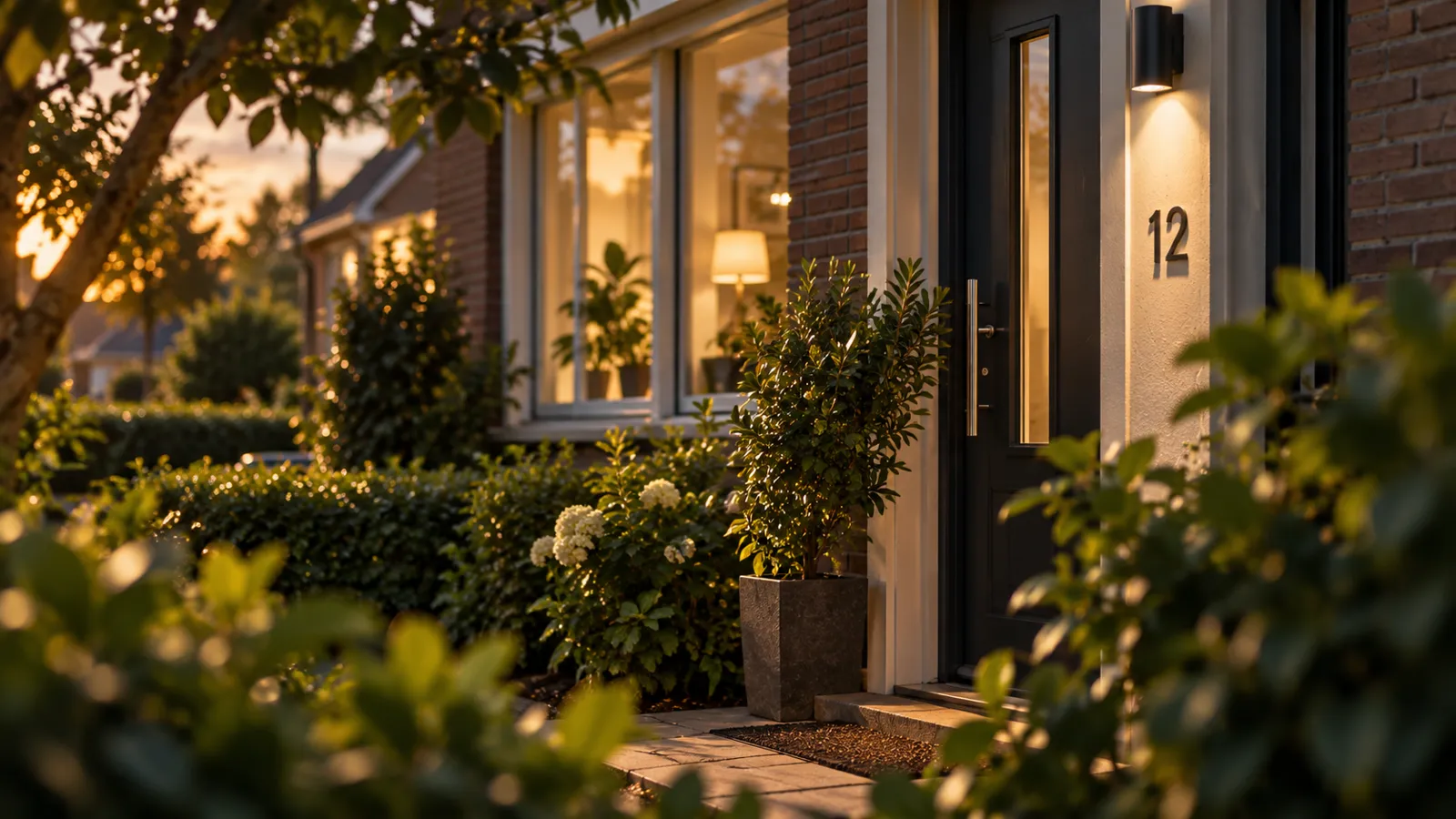 Voordeur van een Nederlandse woning in de avondzon