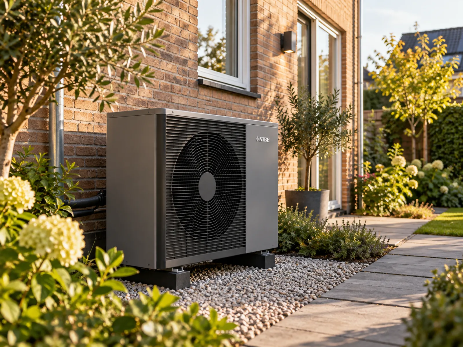 Buitenunit van een warmtepomp naast een woning
