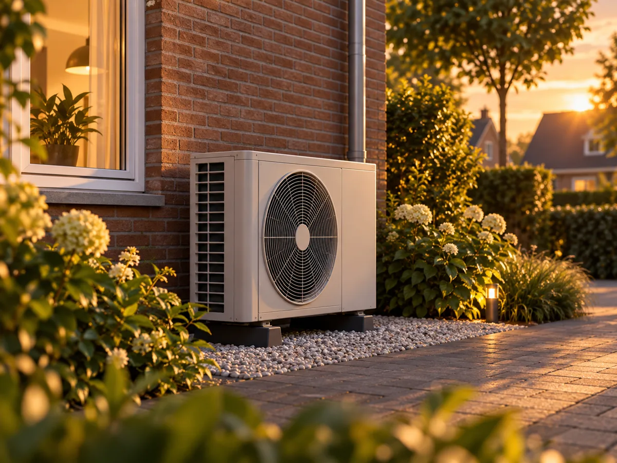 Buitenunit van een warmtepomp naast een woning