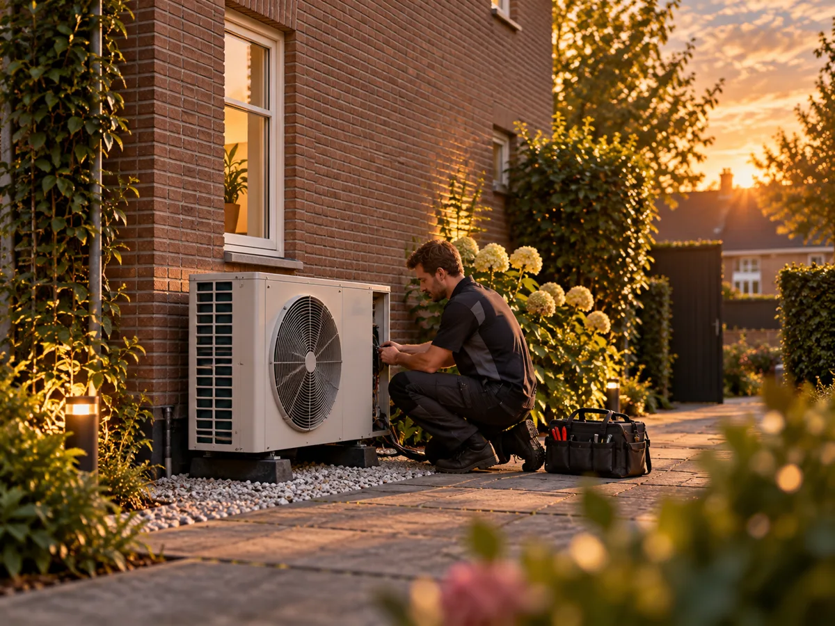 Een installateur bij een warmtepomp